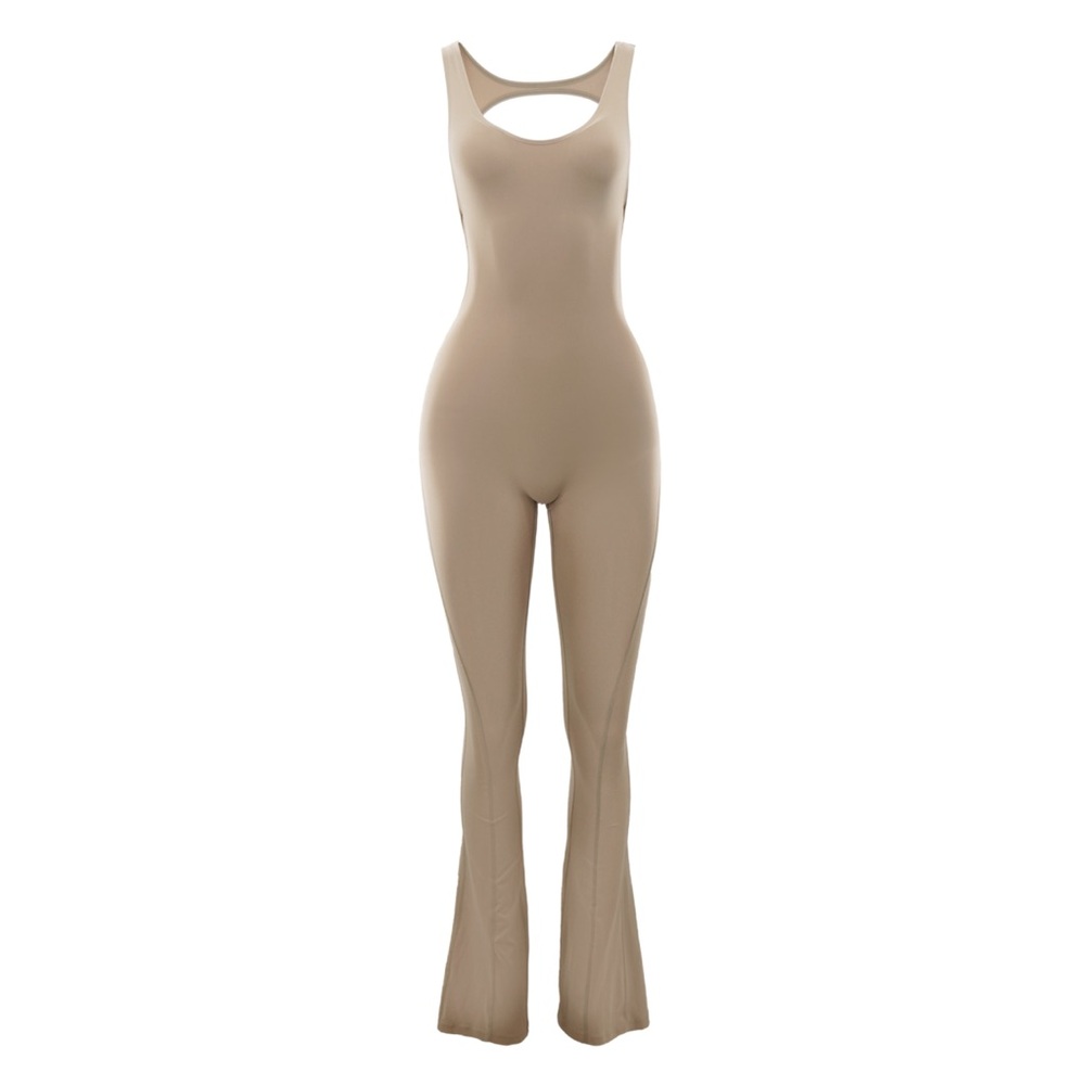 Davis Active women’s Backless Flare Jumpsuit in Taupe S/M open back Athleisure